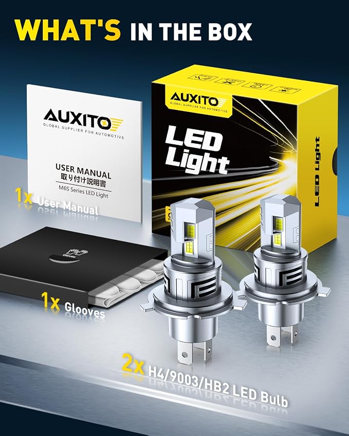 AUXITO H4 9003 HB2 Bulbs, 80000LM 6500K Cool White, Super Bright 15X Halogen, Plug and Play CANbus Ready No Flicker, Pack of 2