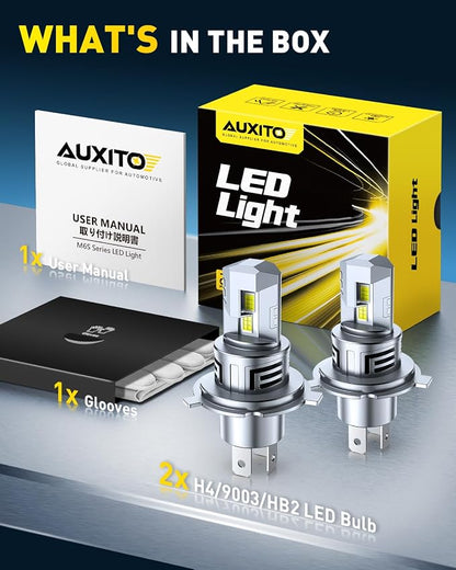 AUXITO H4 9003 HB2 Bulbs, 80000LM 6500K Cool White, Super Bright 15X Halogen, Plug and Play CANbus Ready No Flicker, Pack of 2