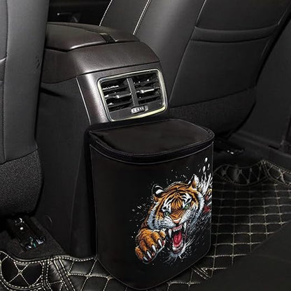 Cool Tiger Print Trash Can for Car Leakproof Garbage with Lid and Zipper Trash Bin Hanging Back of Seat Auto Interior Accessories Universal Fit Most Truck SUV Van