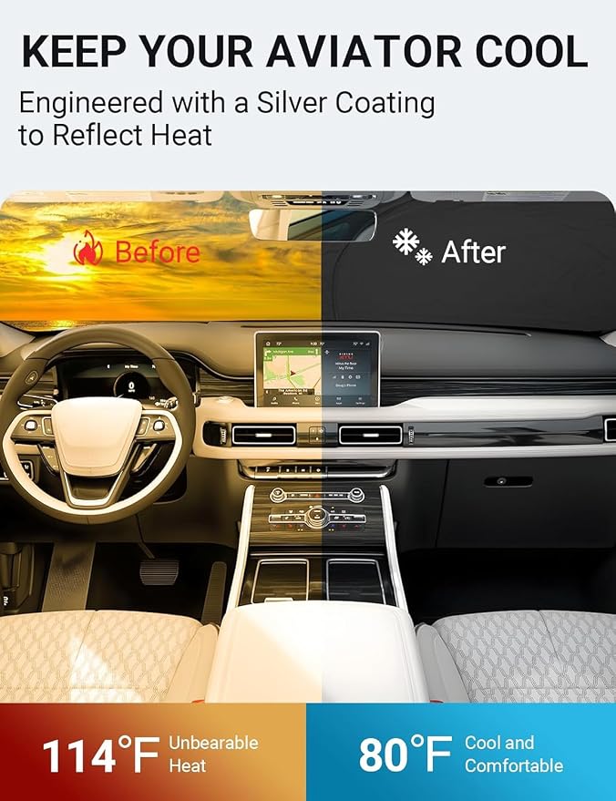Proadsy Windshield Sun Shade for Lincoln Aviator 2020-2025 2026 4-Layer Foldable Front Sunshade Protector Sun Visor Blocks UV Rays Keep Car Cooler
