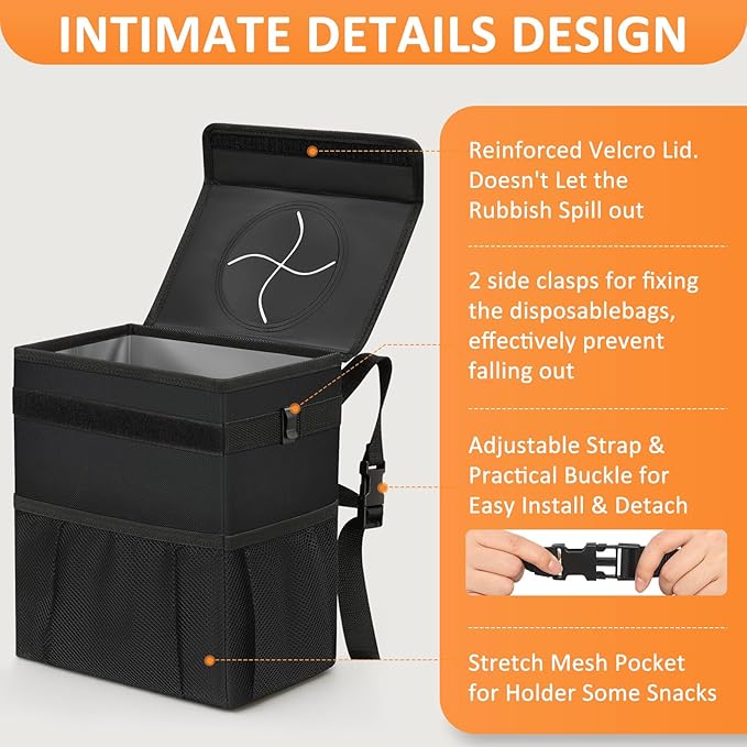 Vankor 3 Gallons Car Trash Can with Lid, Bag Bin Hanging Waterproof Automotive Car Garbage Cans Leak Proof Vehicle Trash Can Black