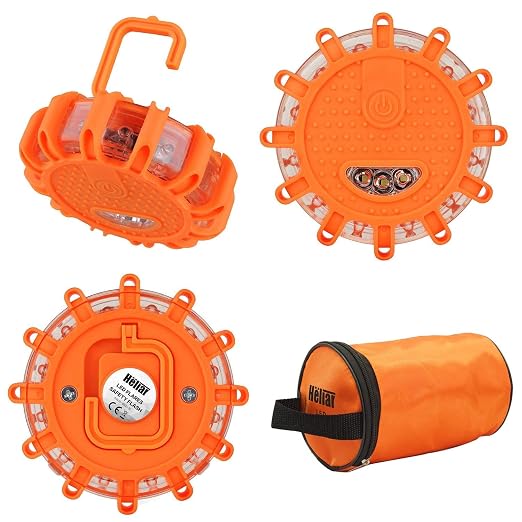 Heliar LED Road Flares Emergency Disc Roadside Safety Light Flashing Road Beacon for Car Truck Boat with Storage Bag (Pack of 3)