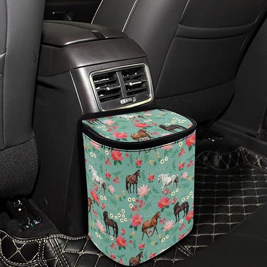 Talayituse Horse Flower Print Car Trash Can with Lid, Leak Proof Auto Trash Bag Hanging Vehicle Garbage Can Multipurpose Storage Container for Back Seat Road Trip