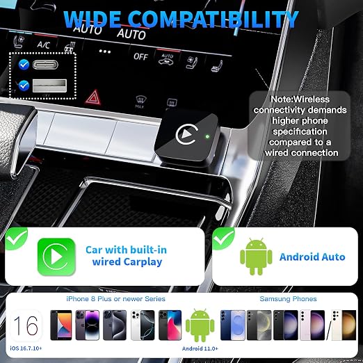 2 in 1 Wireless CarPlay and Android Auto Adapter for iPhone, Plug&Play Mini USB/USB C Car Play Adapter Fast and Stable Connection,No Delay Convert Wired to Wireless CarPlay for iPhone 8+/Android 11.0+