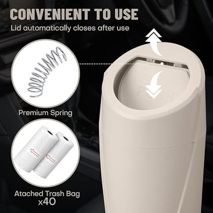 Car Trash Can Bin with Lid - Car Garbage Can Cup Holder - Light Beige Mini Leakproof Vehicle Garbage Bin with 20pcs Trash Bags-Automotive Organizers and Storage for Front Back Seat Accessories