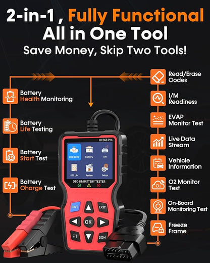 Easy to Use OBD2 Scanner with Battery Tester: 2-in-1 1S Read & Clear Check Engine Codes + Test Battery in Mins - DIY Car Diagnostic Tool with Cold Cranking Amps for Pre-Trip Safety on 1996+ Vehicles