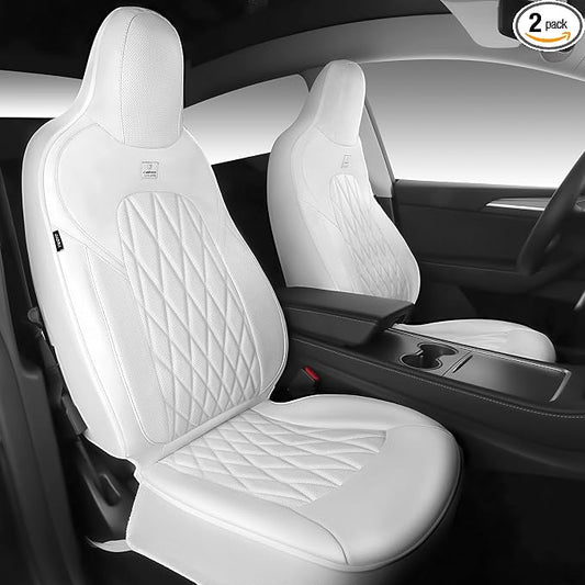 CAR PASS Nappa Leather High Back Front Seat Covers, Tesla Model 3 Model Y Breathable Faux Leather Front Bucket Seat Covers, Anti-Slip Airbag Compatible Universal Fit for Sedan SUV Van Truck, White