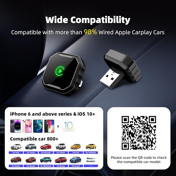 Wireless CarPlay Adapter for iPhone, Mini USB Design for Cars with Wired CarPlay, Fast Connection,5.8GHz WiFi,No Delay, Compatible with iOS 10+ & iPhone 6+, USB/Type C,Plug and Play (Dark Black)