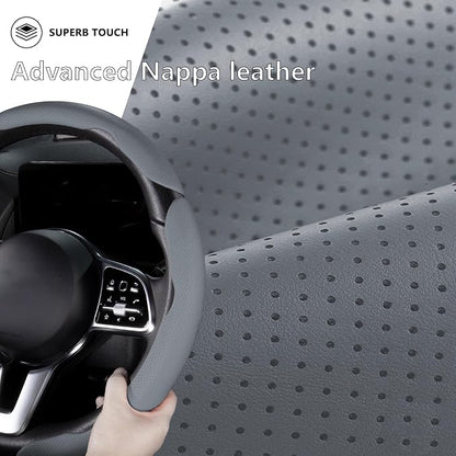 Car Steering Wheel Cover Leather Snap On 3Pcs Set Non-Slip Protector Wrap Steering Wheel Accessories 14.5-15 inch Universal Gray