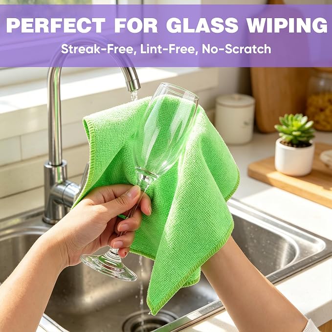 TEAWOO 10 PCS Green Microfiber Cleaning Cloths, Highly Absorbent Microfiber Towels for Car, Kitchen, Bathroom and Household Cleaning, 11.8" X11.8