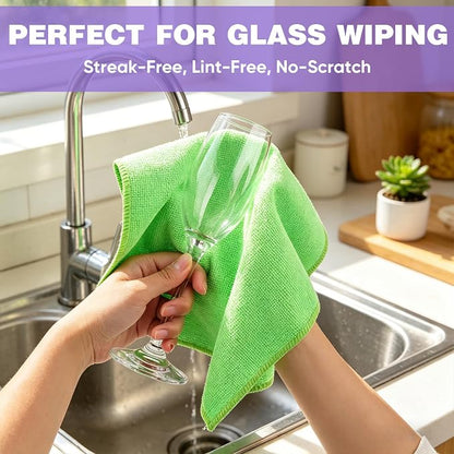 TEAWOO 10 PCS Green Microfiber Cleaning Cloths, Highly Absorbent Microfiber Towels for Car, Kitchen, Bathroom and Household Cleaning, 11.8" X11.8
