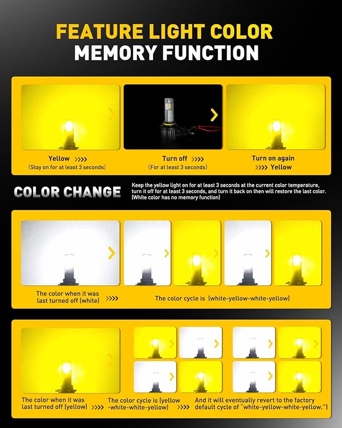 AUXITO 9006 HB4 LED Switchback Bulb, 6500K Cool White & 3000K Amber Yellow, 50000LM Brighter Ultra-Bright, Plug N Play, Long Lifespan, No Flicker, Fit For 99% Vehicles, 2PCS