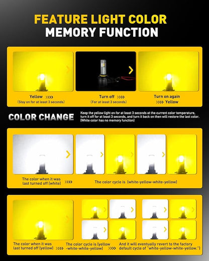 AUXITO 9006 HB4 LED Switchback Bulb, 6500K Cool White & 3000K Amber Yellow, 50000LM Brighter Ultra-Bright, Plug N Play, Long Lifespan, No Flicker, Fit For 99% Vehicles, 2PCS