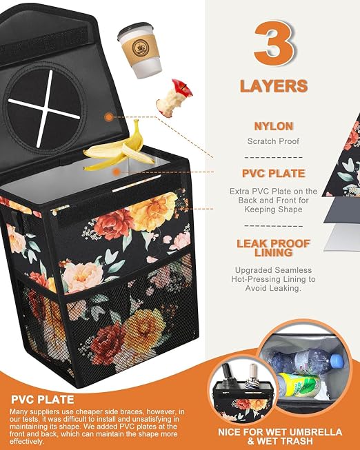 Pritent Car Trash Can with Lid, Cute Leakproof Car Trash Garbage Bag Hanging Vehicle Trash Bin Small Portable Automotive Garbage Cans Organizer for Back/Front Seat/Console(2.8 Gallons,Rose)