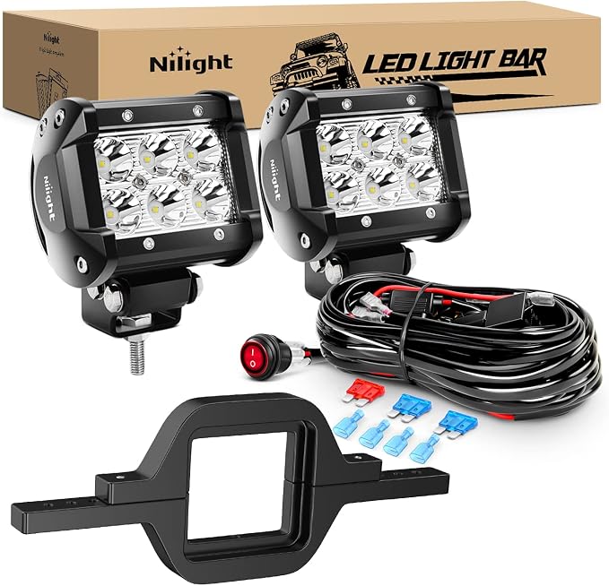 Nilight 2PCS 18W Spot Driving Fog Light Off Road Led Lights Bar 2" Tow Hitch Bracket with Wiring Harness Kit -2 Leads