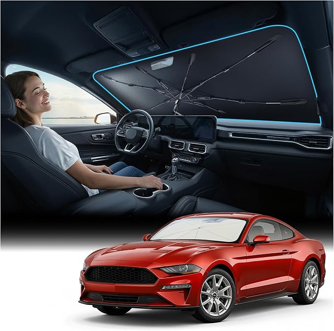 Nmoiss Windshield Sun Shade Umbrella for Mustang - [Vinyl Coating Heat Shield] Protect Car from Sun Rays & Heat Damage Keep Cool and Protect Interior, Spring Structure Edge