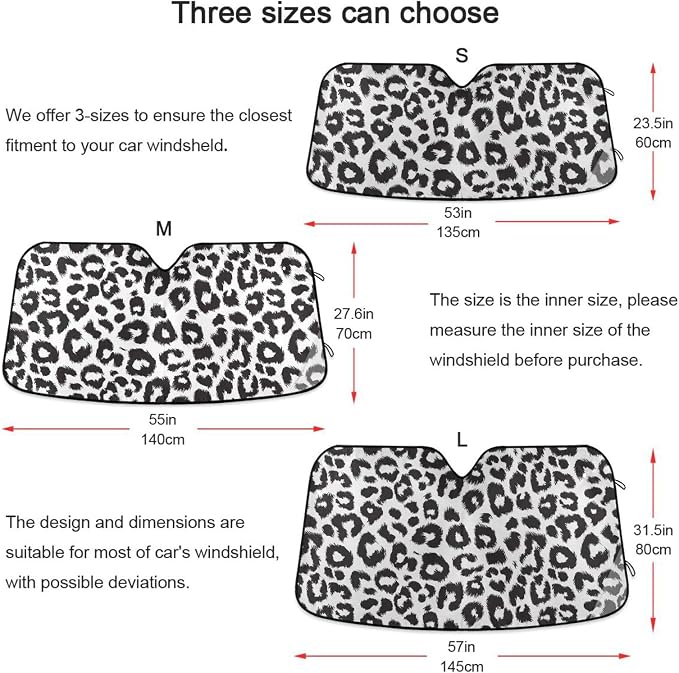 Black White Leopard Print Windshield Sun Shade for Car Auto SUV Truck Foldable Front Window Sunshade Sun Visor Protector Block UV Rays Reflect Heat, 55" x 28"