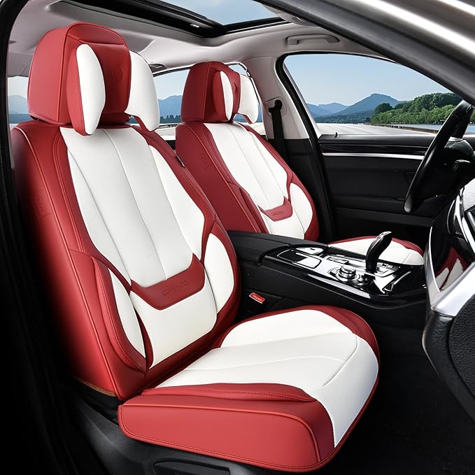 Coverado Seat Covers, Car Seat Covers Front Seats, Car Seat Cover, Car Seat Protector Waterproof, Seat Cushion Nappa Leather with Head Pillow, Carseat Cover Universal Fit for Most Cars (Red&White)