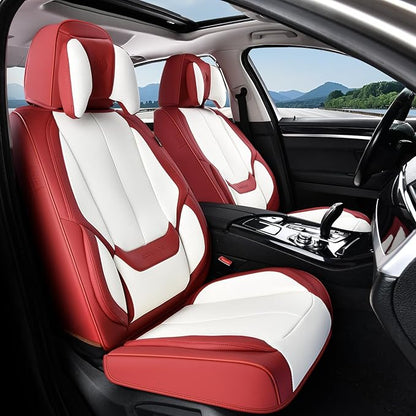 Coverado Seat Covers, Car Seat Covers Front Seats, Car Seat Cover, Car Seat Protector Waterproof, Seat Cushion Nappa Leather with Head Pillow, Carseat Cover Universal Fit for Most Cars (Red&White)