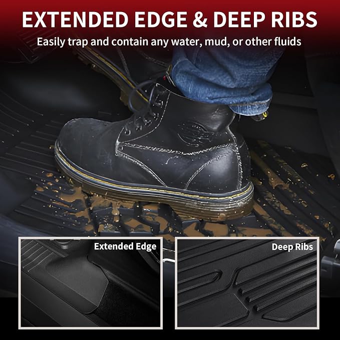 LASFIT Floor Mats for Ford F-150 2021-2026 | F150 Lightning 2022-2025 SuperCrew (Rear w/Fold Flat Storage) Carpet Floor All Weather Car Liners TPE Truck Mats - 1st and 2nd Row, 3pcs Black