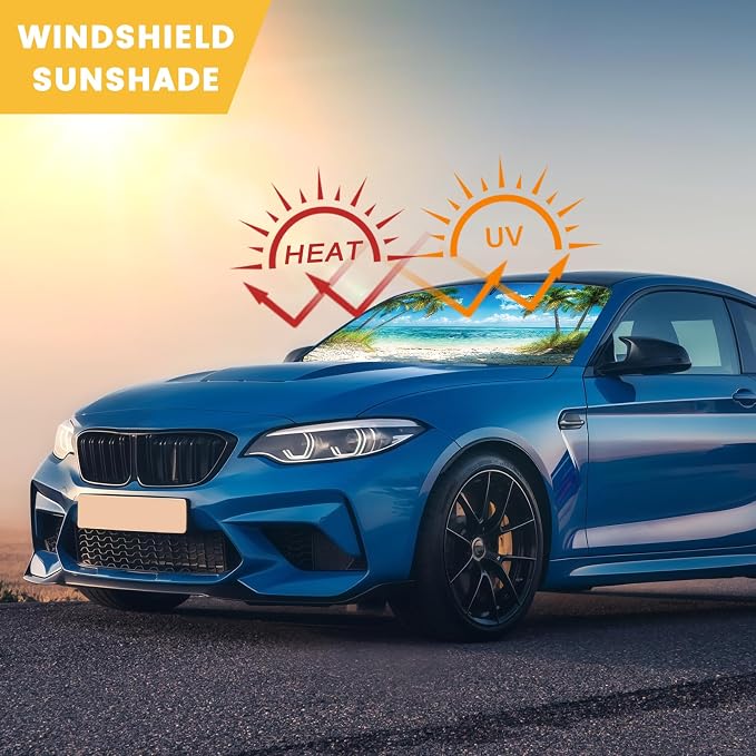 Windshield Sun Shade, Car Sun Shade Windshield, Reflector Sunshade Offers Ultimate Protection for Car Interior, Reflective Polyester Blocks Heat for Cars,Trucks,SUVs (57 x 31.5 in)