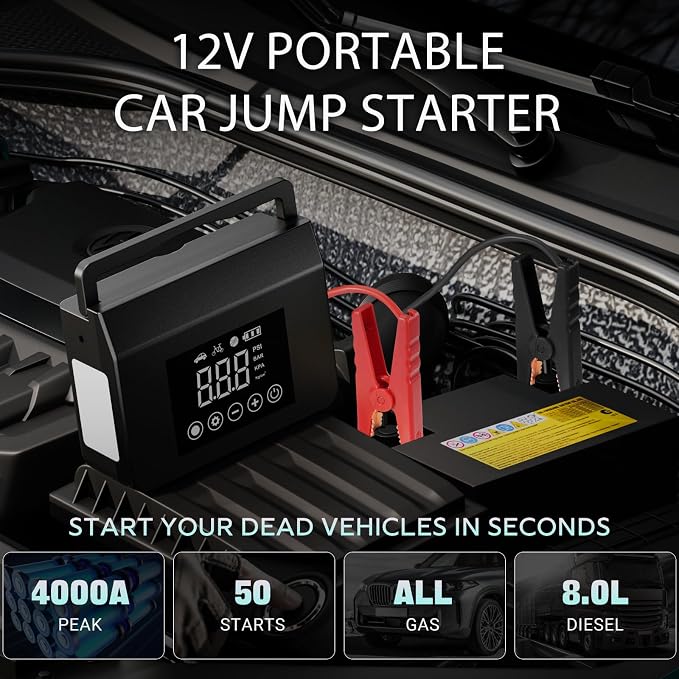 Hieha Car Emergency Jump Starter with Air Compressor, 4000A Portable Battery Booster for Dead Batteries, 150PSI Tire Inflator for Cars, Trucks & SUVs, USB-C Fast Charging Power Bank
