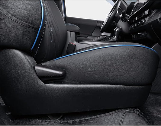 EKR Custom Fit Tacoma Front Car Seat Covers for Toyota Tacoma 2016 2017 2018 2019 2020 2021 2022 2023 Double Cab/Access Cab - Front Row Only, Faux Leather(Black with Blue Trim)