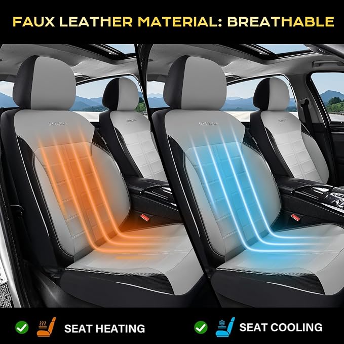 Coverado Full Set Leather Car Seat Covers, Crafted with Full Leather Construction and Carbon Fibre Weave Universal Fit for Most Cars SUV Trucks(Gray