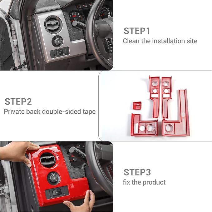 for F150 Interior Trim Kit Red, Dashboard Panel Cover Trim & Headlight Switch Bezel Cover Trim for Ford F150 2009-2014 Red Interior Accessories 5pcs