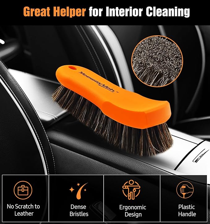 YeewayVeh 2PCS Leather Cleaning Brush, Horse Hair Brush for Car Leather Seat, Fabric, Shoes and Furniture, Soft Detailing Brush for Carpets, Seat Belts and Car Interior
