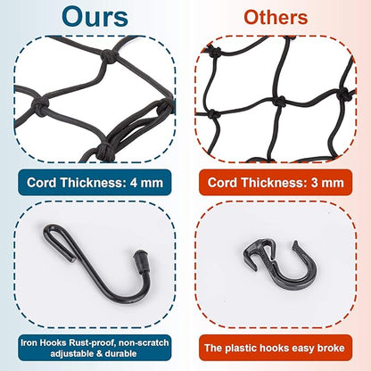 15.7"x15.7" 2Pack Bungee Cargo net Motorcycle, Made of Latex Heavy Duty Bungee Net Stretches to 33"x33", Luggage Thicken Netting with3 x3 Small Mesh&6 Adjustable Metal Hooks for Motorcycle, Bike, ATV