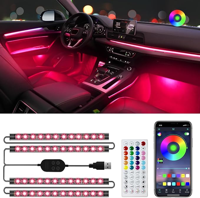 Hovano Car Interior LED Lights, APP Control with USB Port, RGB Color Change with Music Sync & DIY Mode, 48 LEDs Lights for Under Dash Running Board Truck