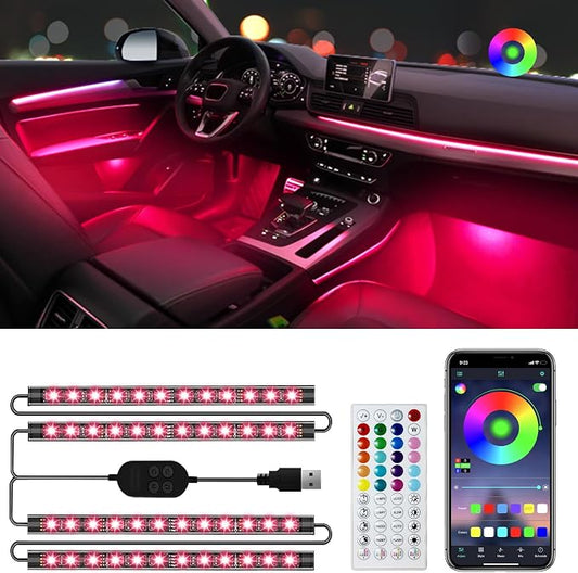 Hovano Car Interior LED Lights, APP Control with USB Port, RGB Color Change with Music Sync & DIY Mode, 48 LEDs Lights for Under Dash Running Board Truck