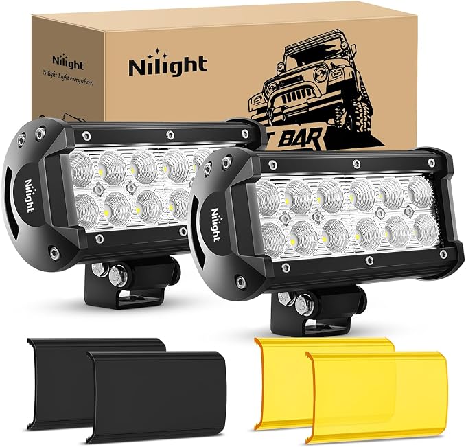 Nilight LED Light Bar with Amber/Black Covers 2 PCS 36 W 6.5 Inch Flood Off Road Lights Super Bright Driving Fog Boat Lighting Pods for Trucks Pickup Golf Cart SUV ATV UTV 4x4 Van Camper
