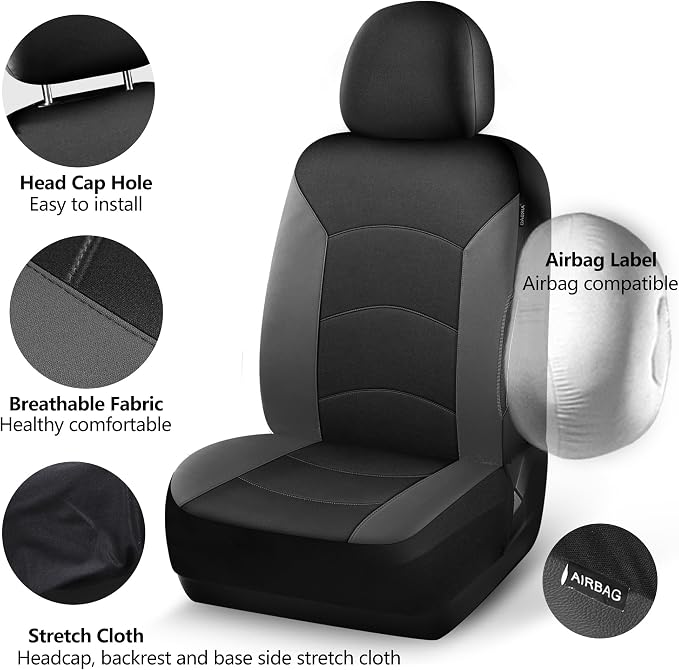 HChengkikz Car Seat Covers Front Seat, Waterproof Neoprene Car Seat Covers, Airbag Compatible, All Season Protection Universal Fit Most Cars, Trucks, SUVs (Black + Darkgray)