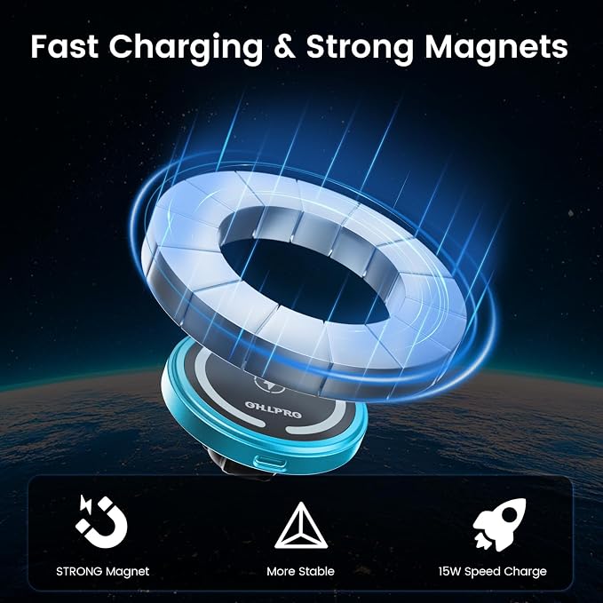 OHLPRO 15W Magsafe Car Mount Charger for iPhone 17, Fast Wireless Charging Magnetic CD Slot Holder with 3M Adhesive Base for Dashboard, Aluminum Shell, Compatible with iPhone 16 15 14 Series, Blue