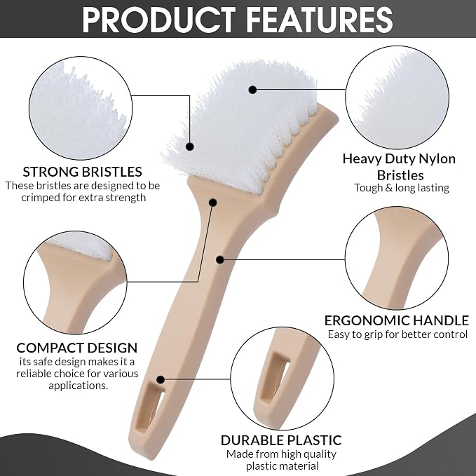 Nanoskin 8.5 Inch Multi-Purpose White Nylon Utility Scrub Brush - Ideal for Automotive Detailing, White Sidewall Tire Cleaning, Furniture Paint Stripping | Heavy Duty Nylon Bristles, Ergonomic Handle