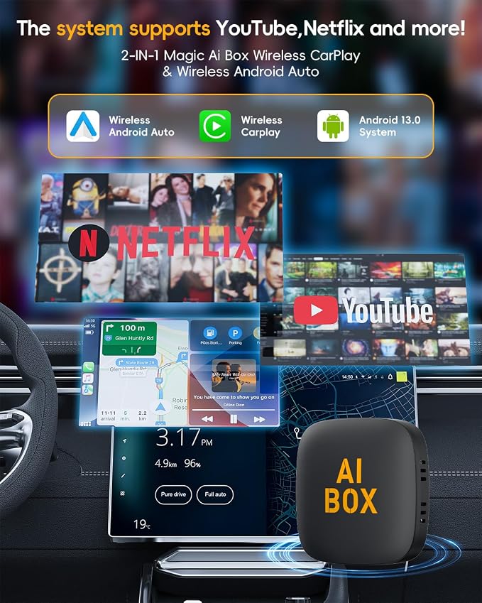 Opluz Wireless CarPlay and Android Auto Adapter 2 in1 Support Netflix/YouTube AI Box Lite for Factory Wired CarPlay Cars with U Disk/TF Card Magic Link CarPlay Ai Box Convert Wireless CarPlay Dongle