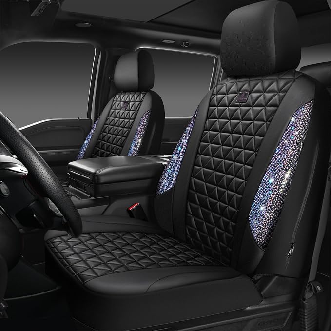 CAR PASS Bling Diamond Black Leather Car Seat Covers Full Set Interior Sets, Waterproof Shining Glitter Sparkly Crystal Armrest Fit Automotive Truck SUV Cute Women Girl, Bedazzed Iridescent Rhinestone
