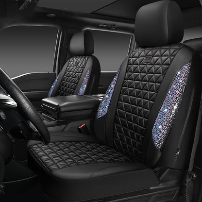 CAR PASS Bling Diamond Black Leather Car Seat Covers Full Set Interior Sets, Waterproof Shining Glitter Sparkly Crystal Armrest Fit Automotive Truck SUV Cute Women Girl, Bedazzed Iridescent Rhinestone