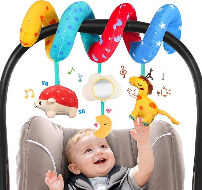 URMYWO Spiral Car Seat Toys for Babies 0-6 Months, Newborn Toys & Infant Toys, 3 Month Baby Toys, Toddler Travel Toys, Sensory Hanging Stroller Toy with Crinkle Mirror, Shower Gifts Essentials