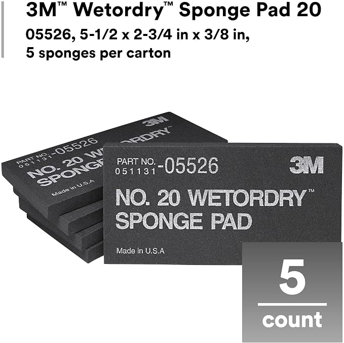 3M Wetordry Sponge Pad 20, 05526, 5-1/2 in x 2-3/4 in x 3/8 in, 5 Pack, Flexible, Long Lasting