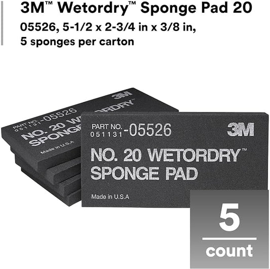 3M Wetordry Sponge Pad 20, 05526, 5-1/2 in x 2-3/4 in x 3/8 in, 5 Pack, Flexible, Long Lasting