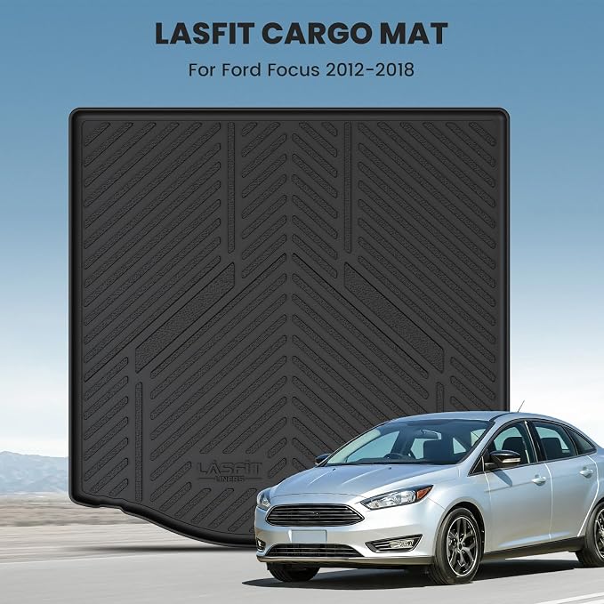 LASFIT Cargo Mat for 2012–2018 Ford Focus Sedan (Gas Models Only, No Subwoofer) Custom Fit All Weather Trunk Liner, Waterproof Heavy Duty Rear Trunk Protector for Cargo Area