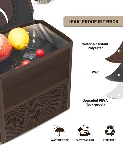 Capolo Car Trash Can with Lid, Leakproof Car Trash Bag Hanging Waterproof Automotive Garbage Can with Storage Pockets Mini Vehicle Trash Bin for Back/Front Seat(Brown,3 Gallon)