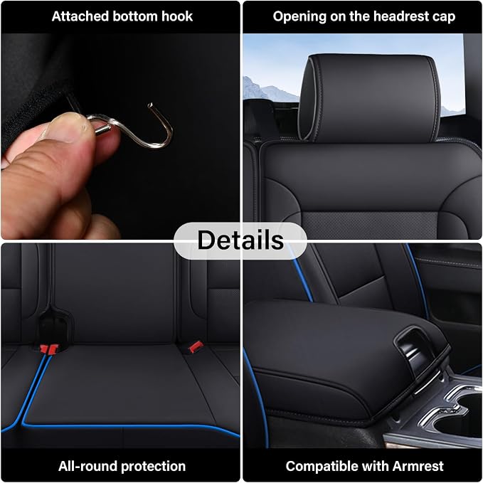 Coverado Chevy Silverado Seat Covers Full Set, Faux Leather Car Seat Covers Fit for 2014-2018 1500, 2015-2019 2500HD 3500HD Chevy Silverado GMC Sierra Crew Double Extended Cab(Blueline)