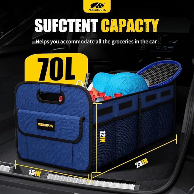 MIKKUPPA Car Trunk Organizer - 70L Collapsible Trunk Organizer for Groceries, Car Storage Organizers for SUV Auto Truck Van with Non Slip Bottom (Blue)
