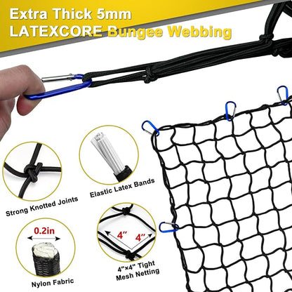 5’x7’ Truck Cargo Net Expands to 9' x 12' with 4"x4" Mesh Grid Super Duty Bungee Heavy Duty Bed Netting for Truck Bed Stretches with 12 Adjustable Metal Carabiners by Cenipar