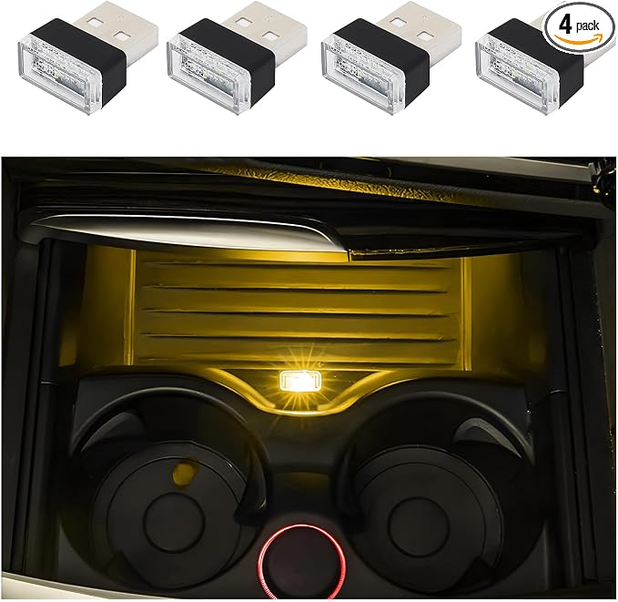 Dickno 4 PCS USB LED Car Interior Atmosphere Lamp, Portable Mini LED Night Light, Plug-in USB Interface Trunk Ambient Lighting Kit, Universal Vehicle Interior Accessories (Yellow)