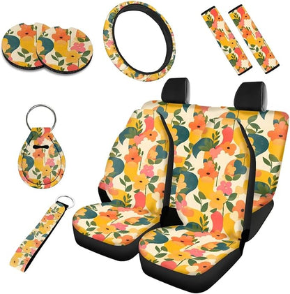 10 Print Colorful Wild Flower Car Seat Covers, Forest Flowers Leaf Steer Wheel Cover Automotive Interior Decor, Abstract Botanical Coasters Key Chain Seat Belt Cover